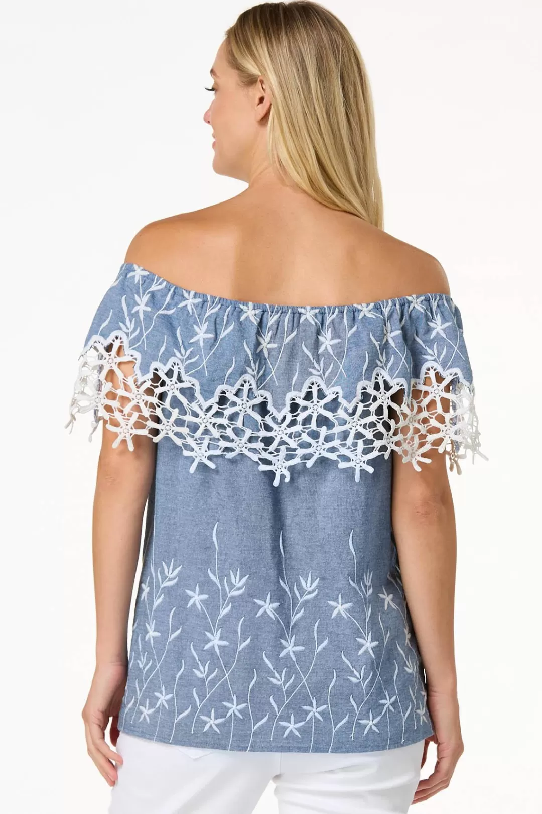 Cato Tops | Embroidered Chambray Top