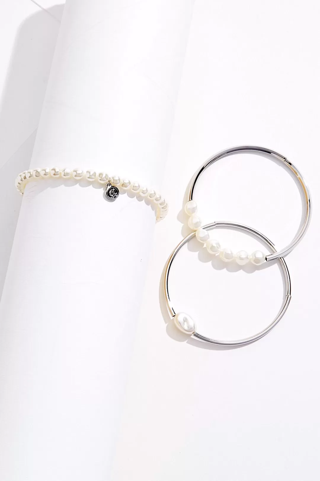 Cato Bracelets | Pearl Silver Stretch Bracelet Set
